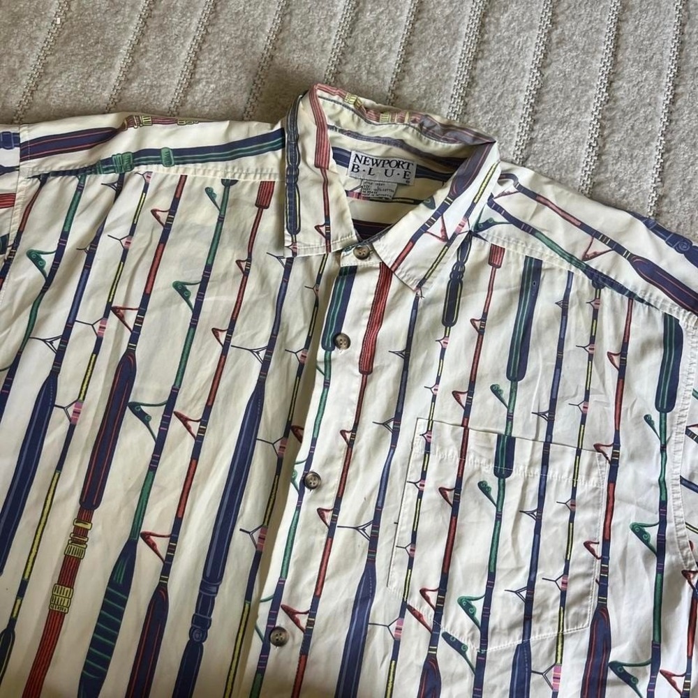 VTG y2k Newport Blue fishing rods button up shirt Size L Sports Beach Outdoor